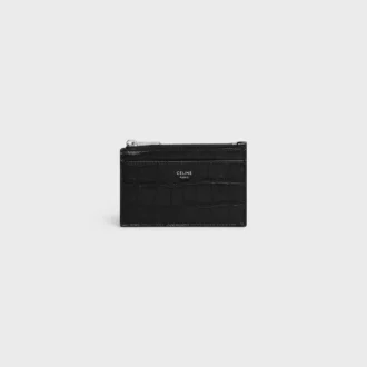Etui na karty z zamkiem błyskawicznym, wykonane ze skóry cielęcej z wytłoczonym wzorem krokodyla