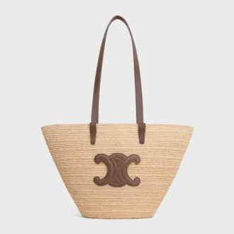 Średniej wielkości, miękka torebka CELINE Classic Panier z rafii i skóry cielęcej